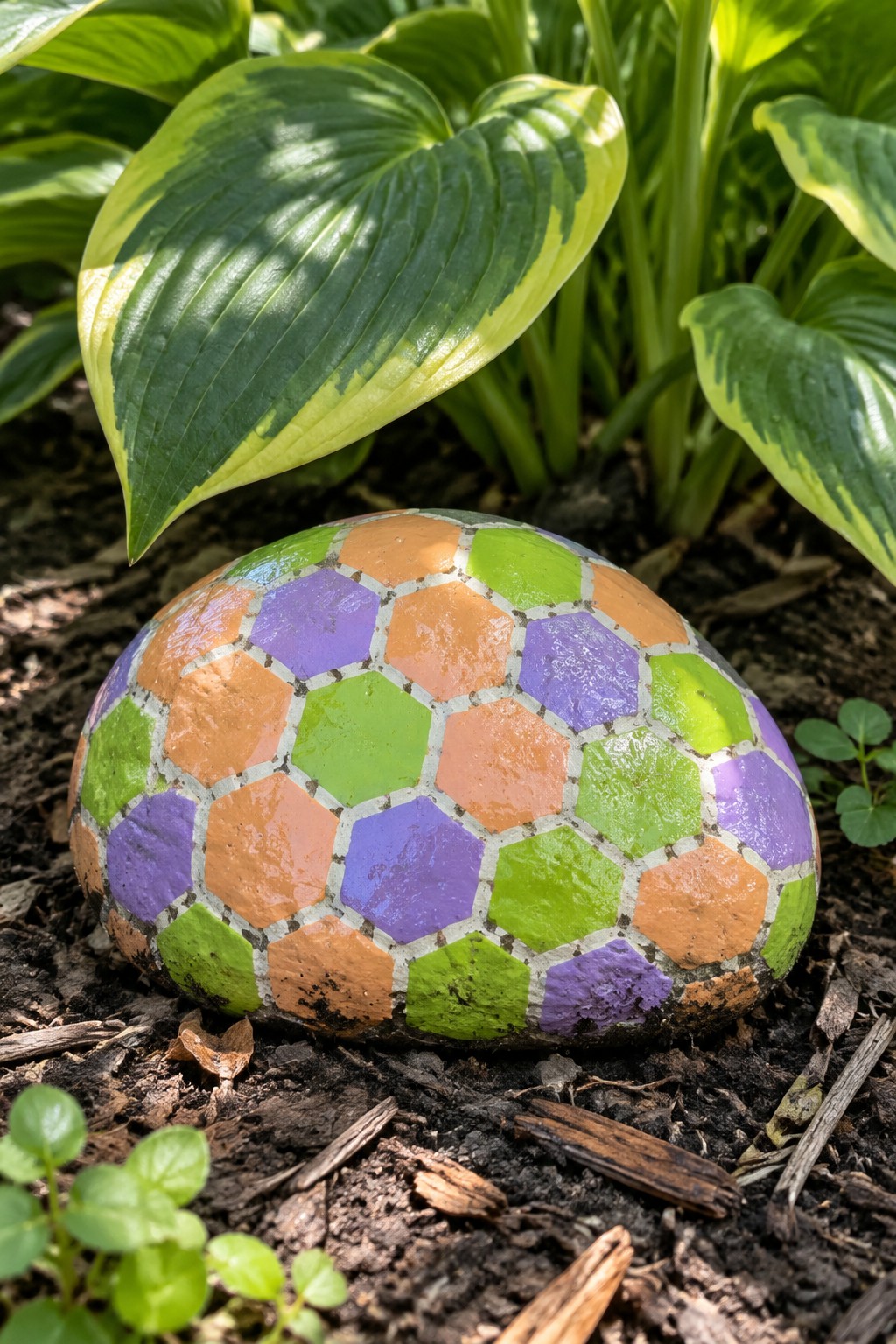 Colorful mosaic-painted rock with green, orange, purple hexagons among hosta leaves