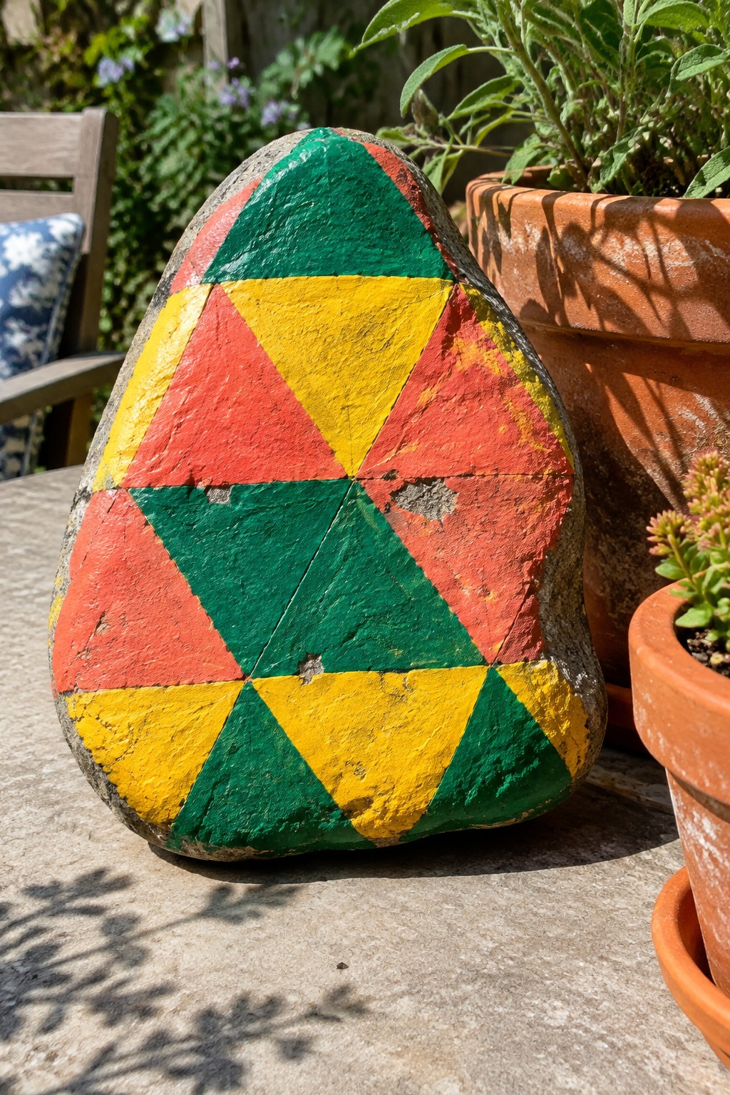 Painted rock with red, yellow, and green triangles beside terracotta pots