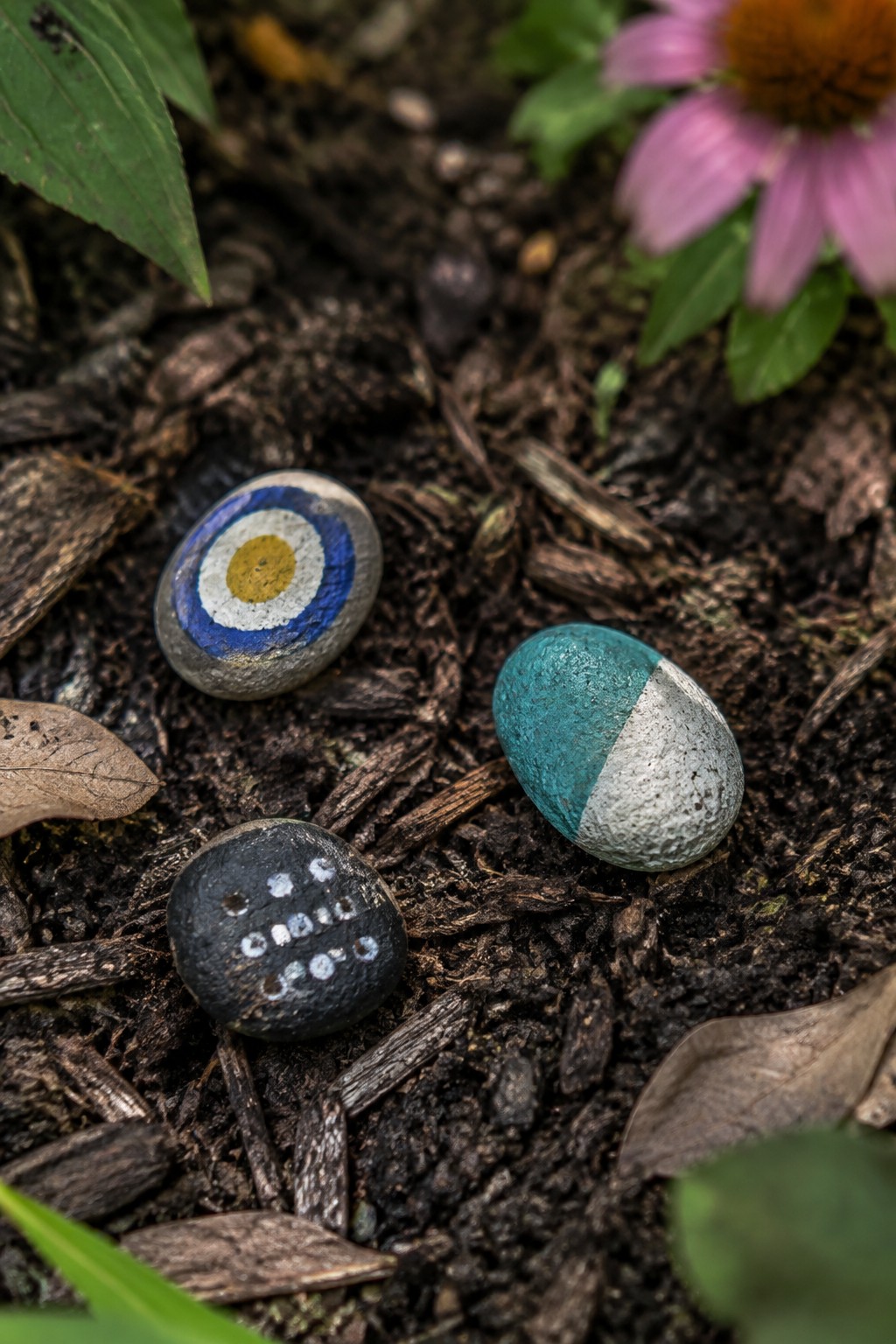 Three painted stones on soil: bullseye, teal-white split, black dotted, near pink flower.