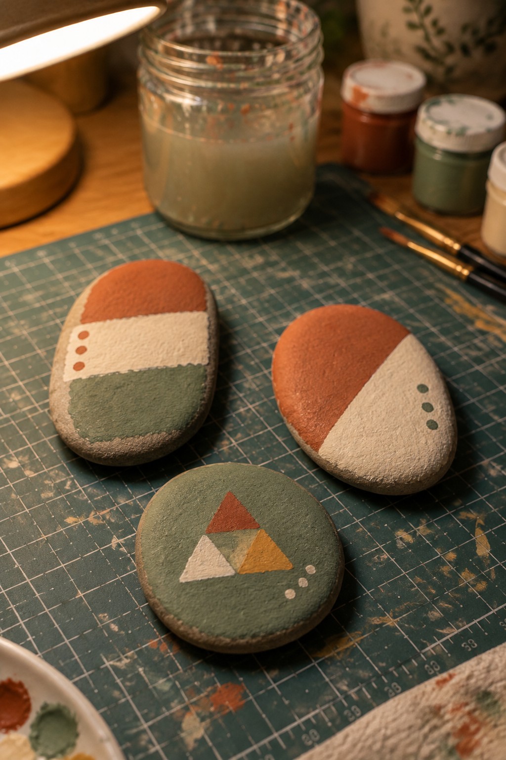 Three painted stones with geometric designs on green gridded mat amid paint jars and brushes