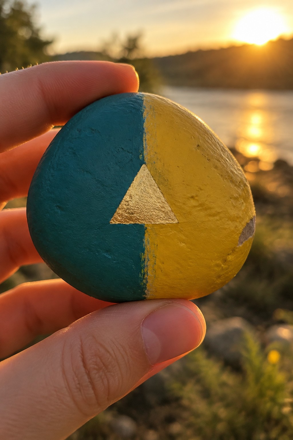 Hand holds round stone painted teal and yellow with gold triangle at sunset