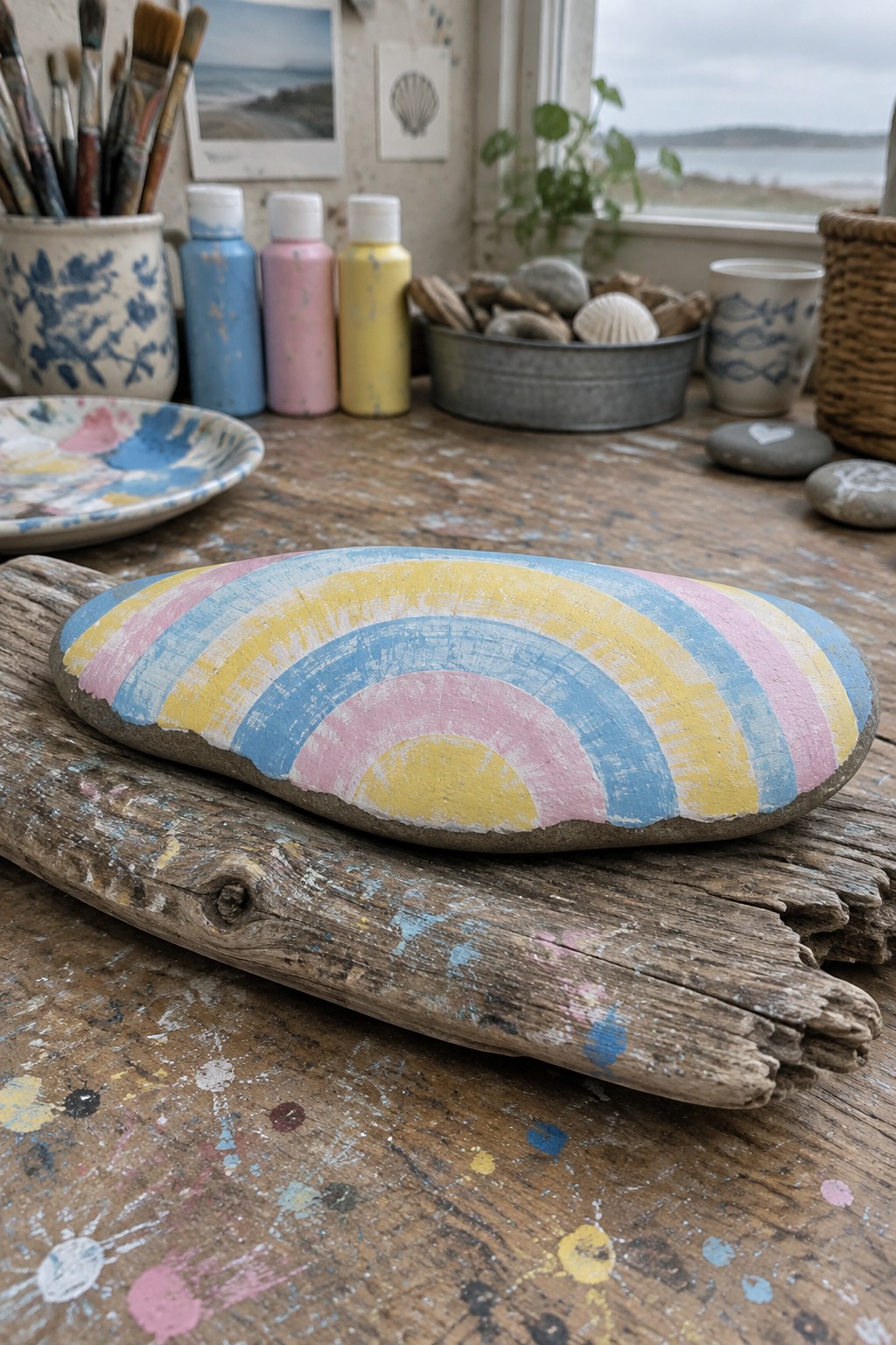 Pastel rainbow-painted stone on driftwood amid paint bottles, shells, and art supplies