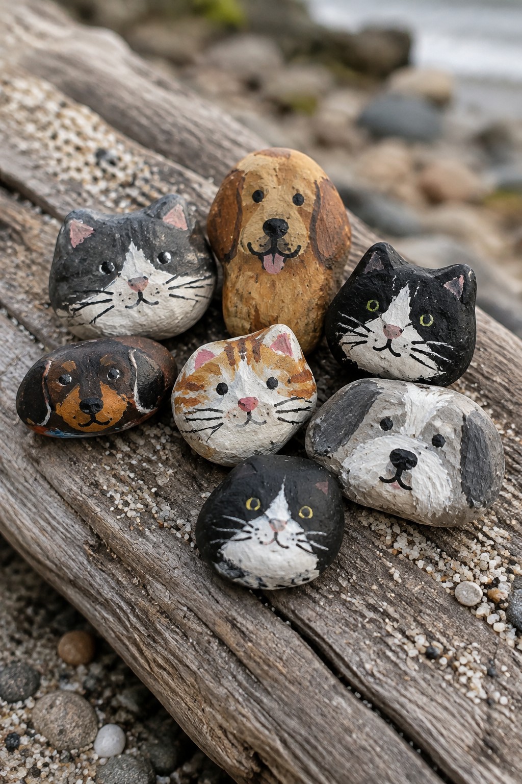 Seven hand-painted rocks with cat and dog faces on weathered driftwood by the beach.