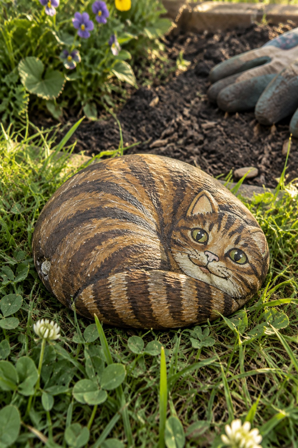 Painted rock shaped like curled tabby cat on grass near garden flowers