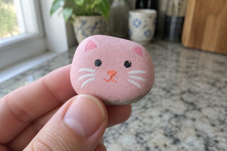 17 Cute Cat and Dog Rock Painting Ideas for Beginners Hand holding small pink rock painted as cat with ears, eyes, whiskers