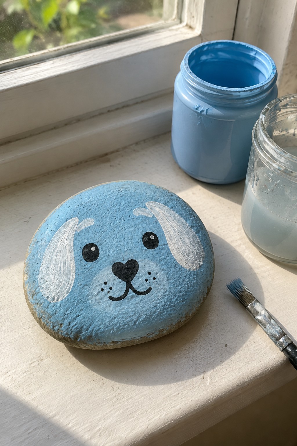Blue painted rock with dog face beside paint jars and brush on windowsill.