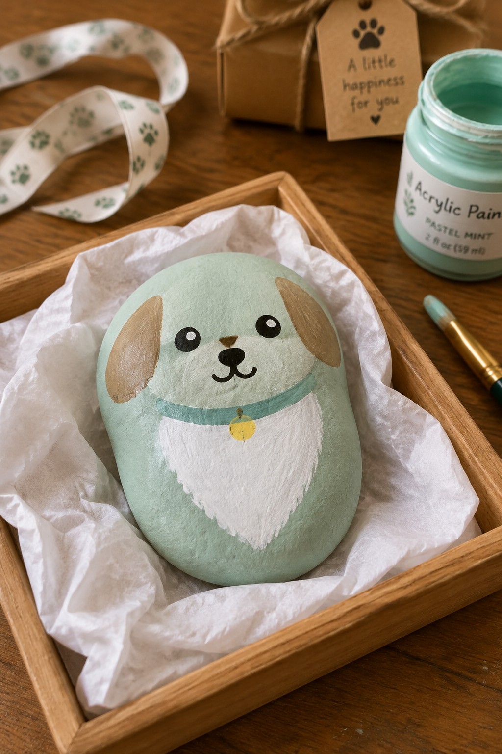 Mint green painted dog rock with brown ears, white chest, and collar in wooden tray