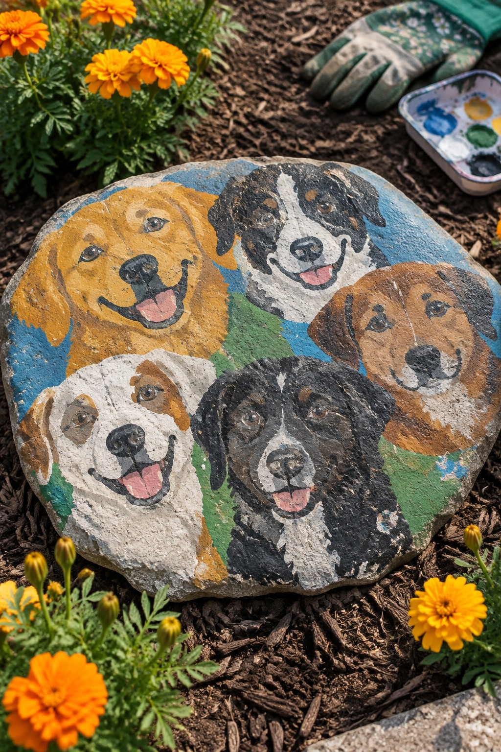 Painted rock with five dog portraits amid orange marigolds, gloves, and palette.