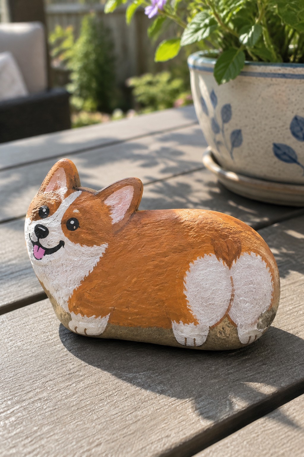 A painted rock shaped and colored like a resting corgi dog sits on a wooden table beside a potted plant.