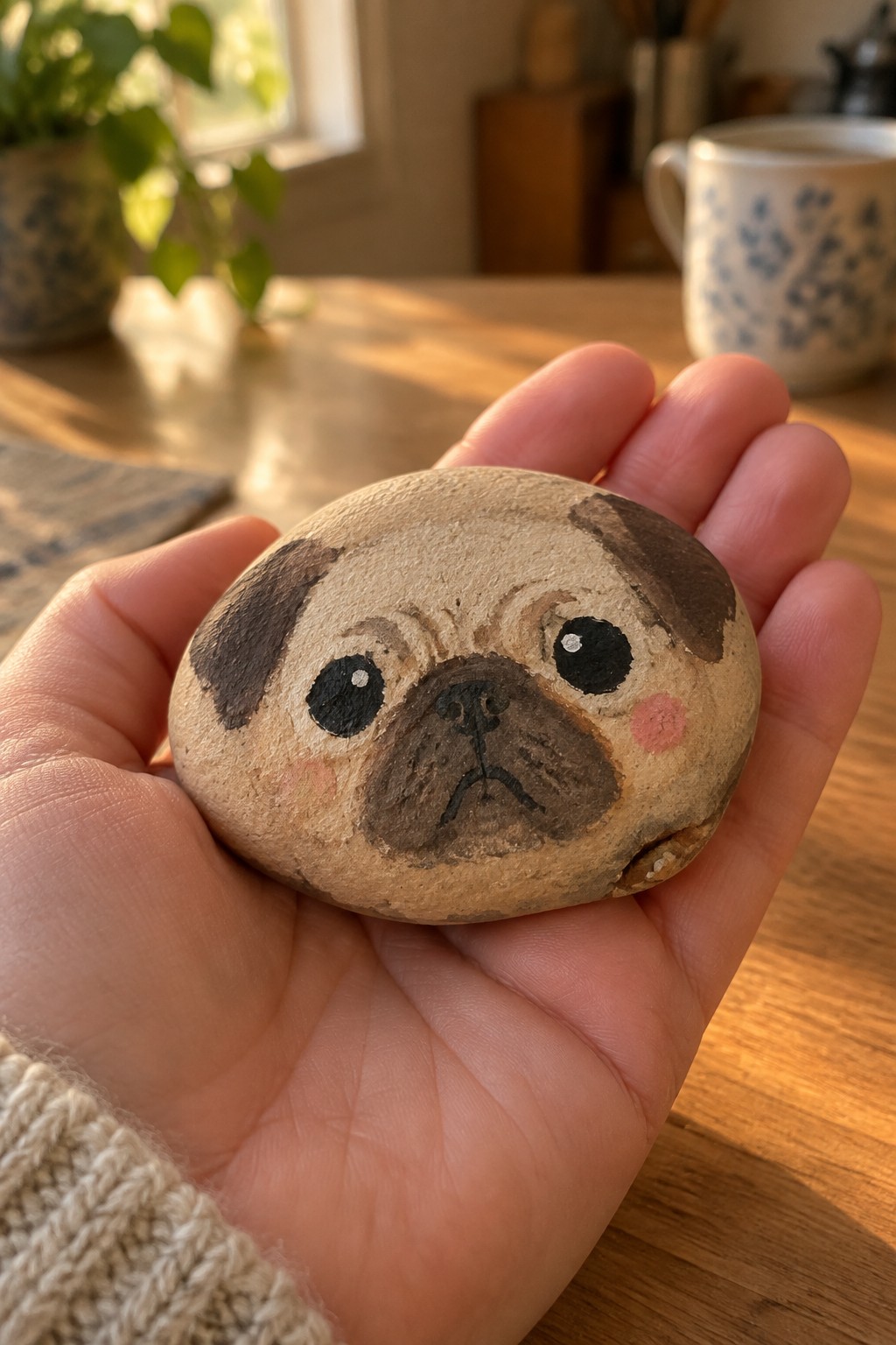 Hand holding smooth rock painted as pug face with dark ears and pink cheeks.