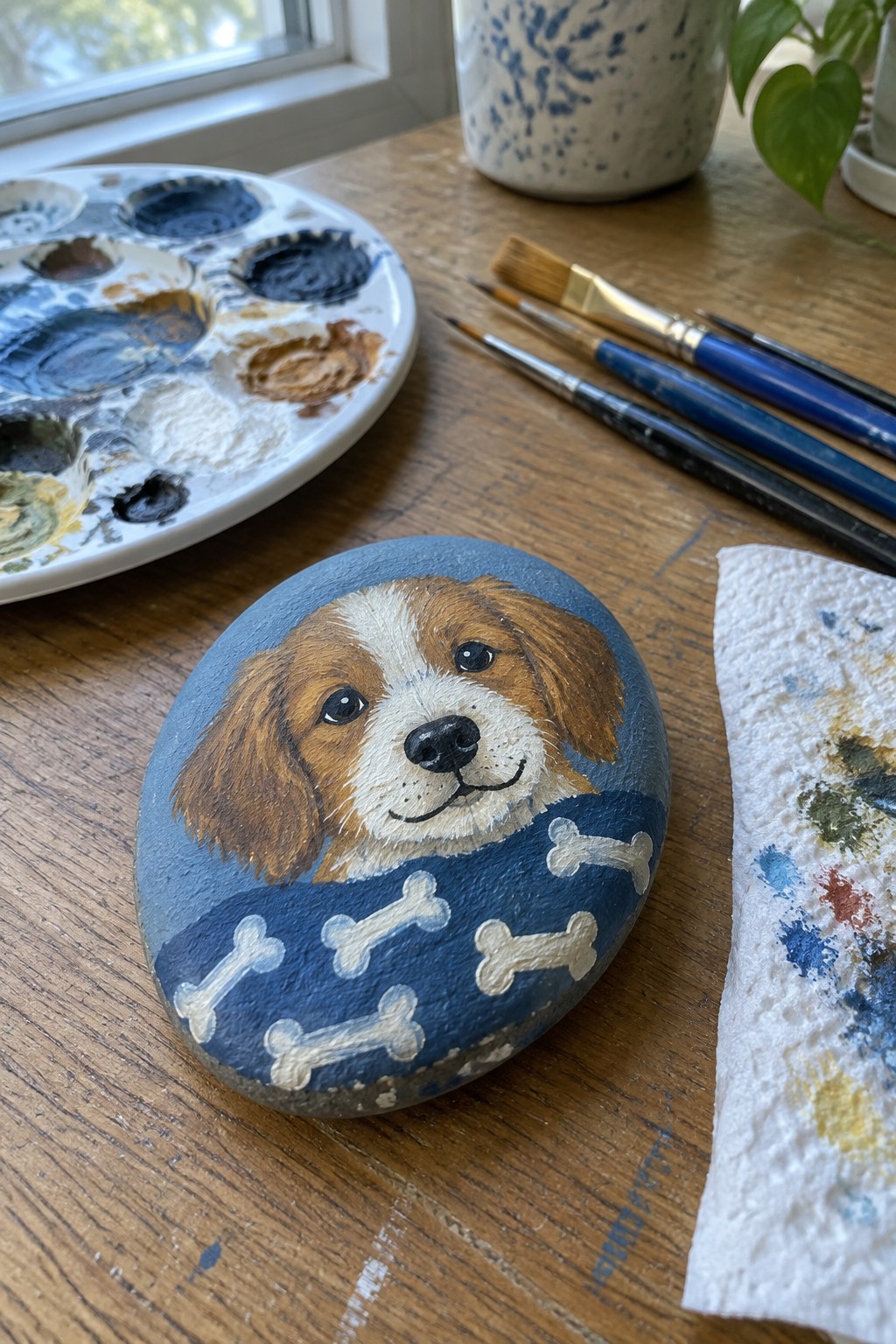 A painted oval rock shows a brown and white puppy face above a blue section with white bones, placed on a wooden table next to paintbrushes and a palette.