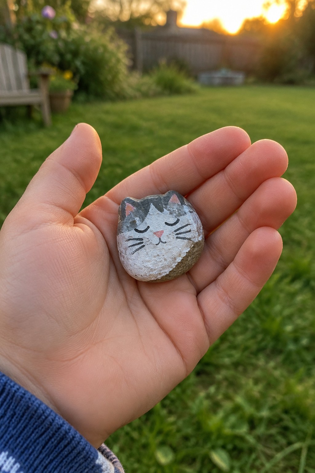 A hand holds a small rounded stone painted as a cat face with gray ears, white muzzle, closed eyes, whiskers, and pink nose and inner ears in a backyard setting.