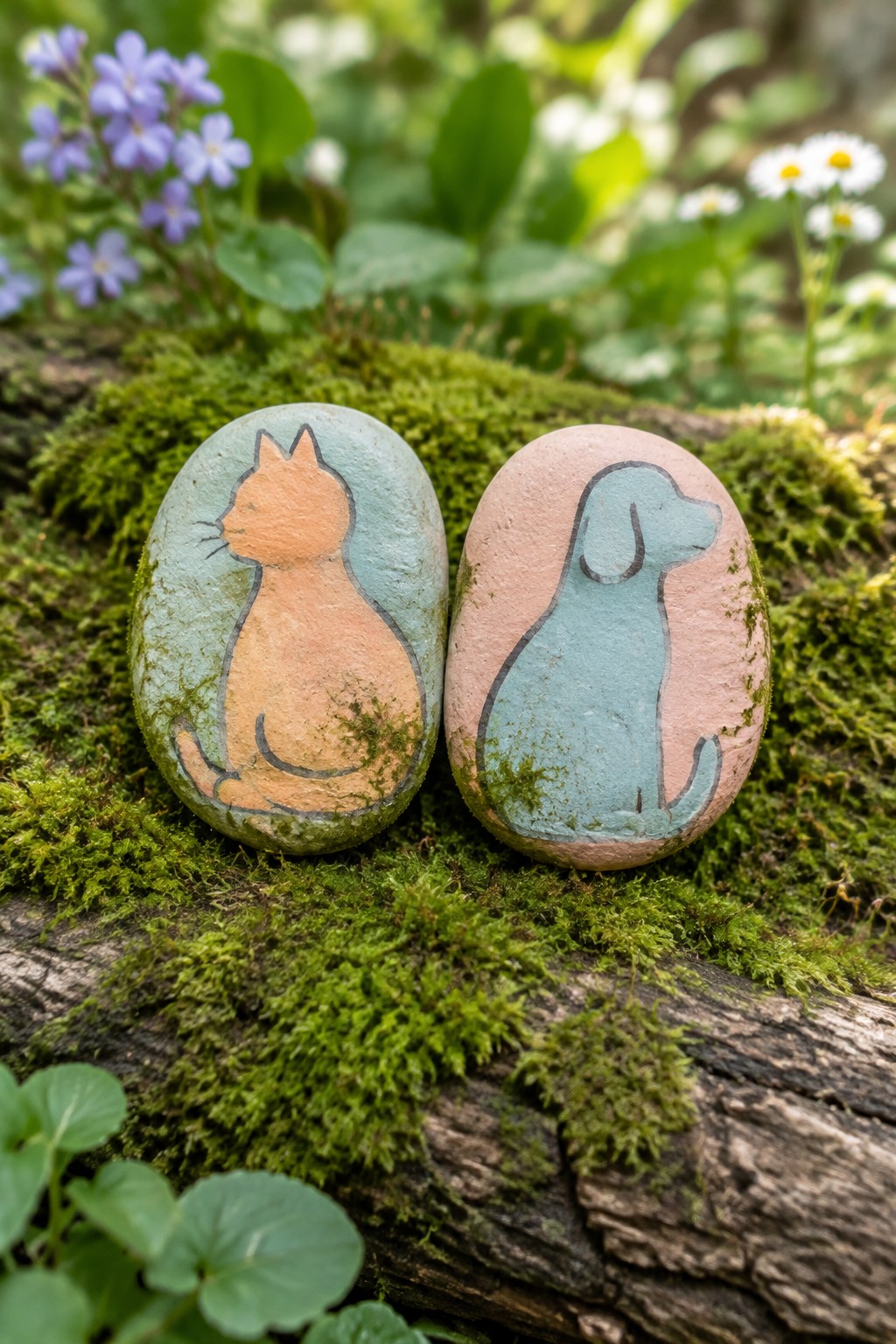 Two oval rocks on moss show a cat silhouette on one and a dog silhouette on the other.