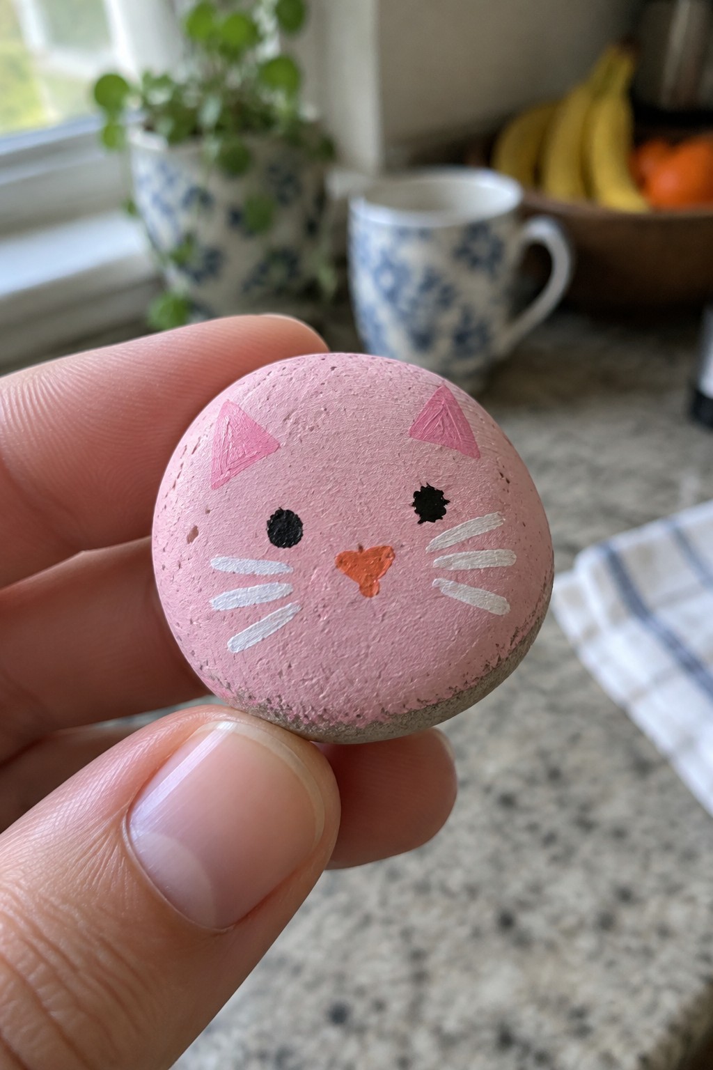 Hand holding small pink rock painted as cat with ears, eyes, whiskers