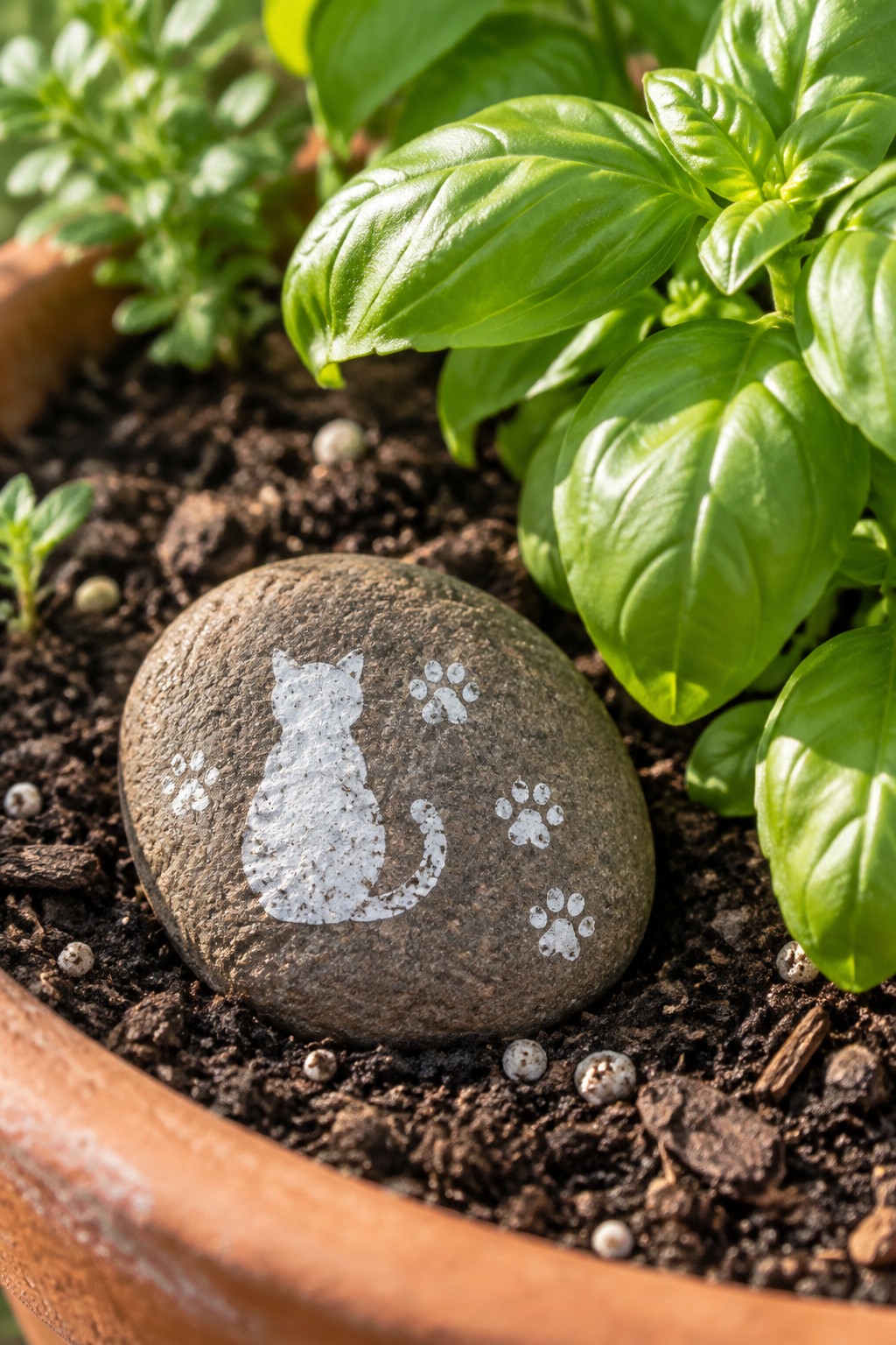 Gray rock with white cat silhouette and paw prints in potted basil soil.