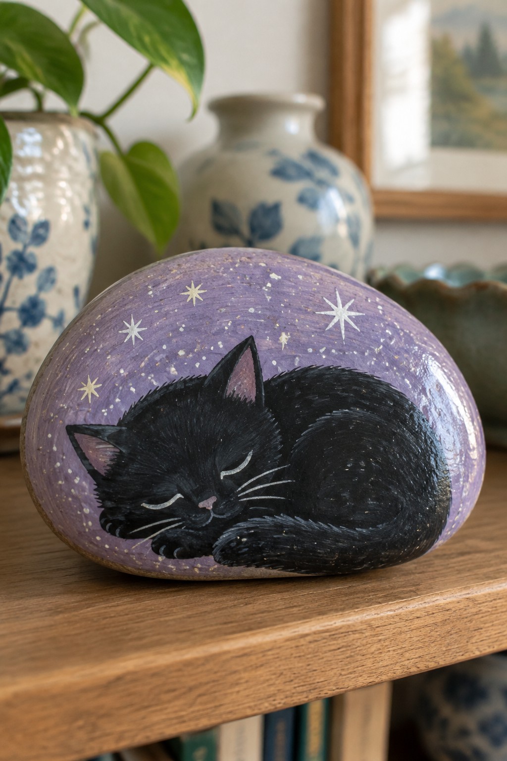 Black cat sleeping on purple starry painted rock on wooden table