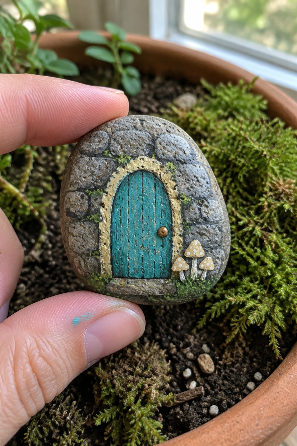 Hand holding pebble painted as stone archway with teal door and mushrooms
