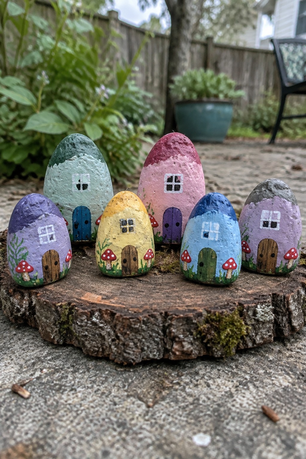 Six colorful painted rock houses with doors and windows on wooden slice