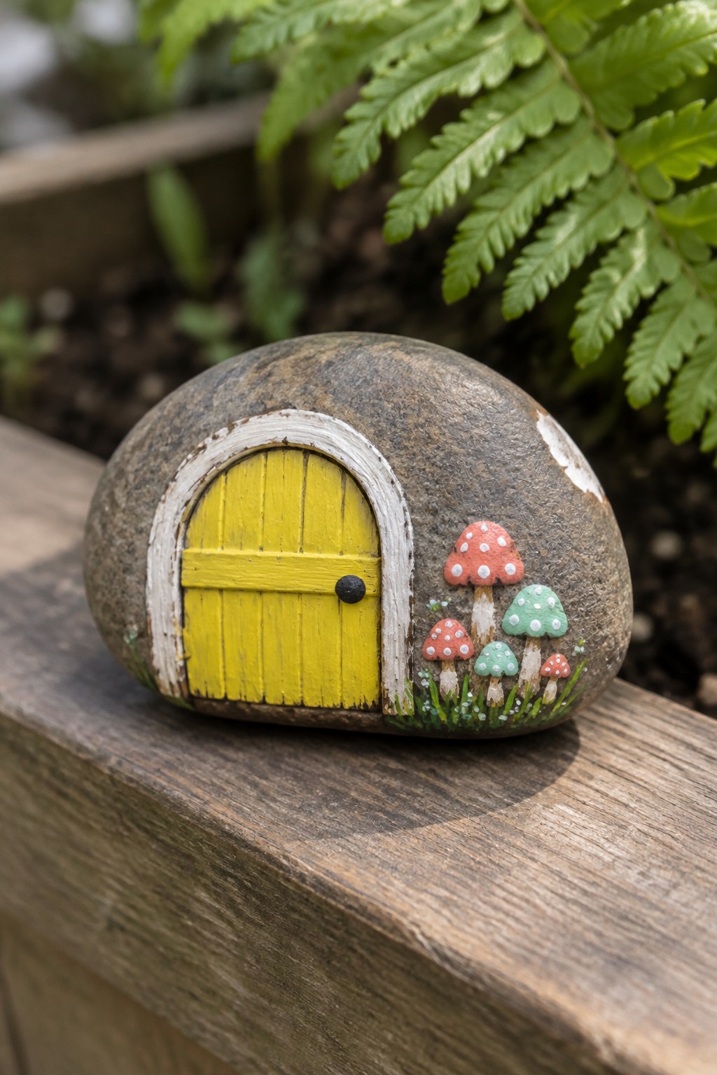 Painted gray rock with yellow fairy door and spotted mushrooms