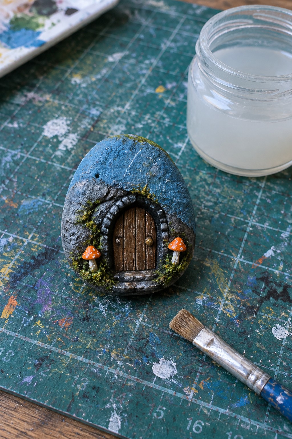 Painted rock fairy door with wooden entrance, orange mushrooms, moss on green mat