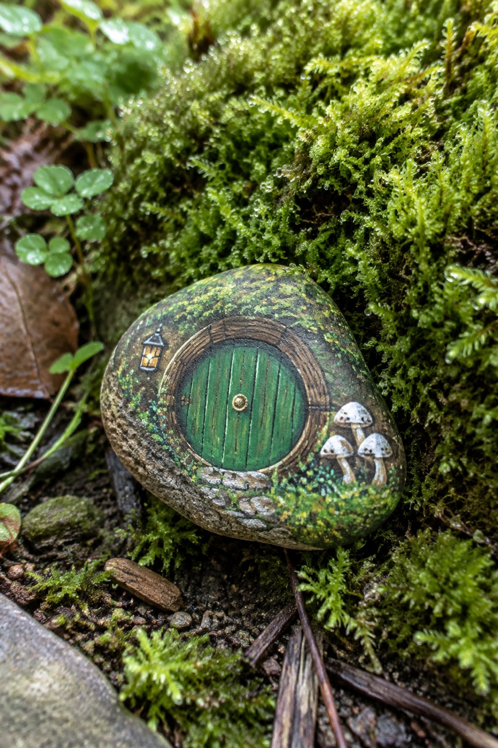 Painted rock with green round door, lantern, and mushrooms amid lush green moss.