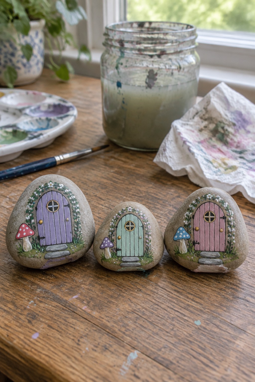 Three painted rocks with fairy doors, mushrooms, and flowers beside art supplies