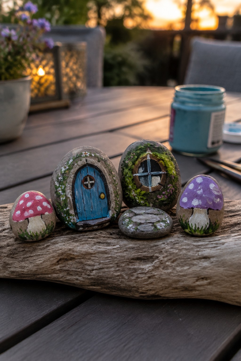 Painted rocks as fairy doors, mushrooms, and stone path on driftwood.