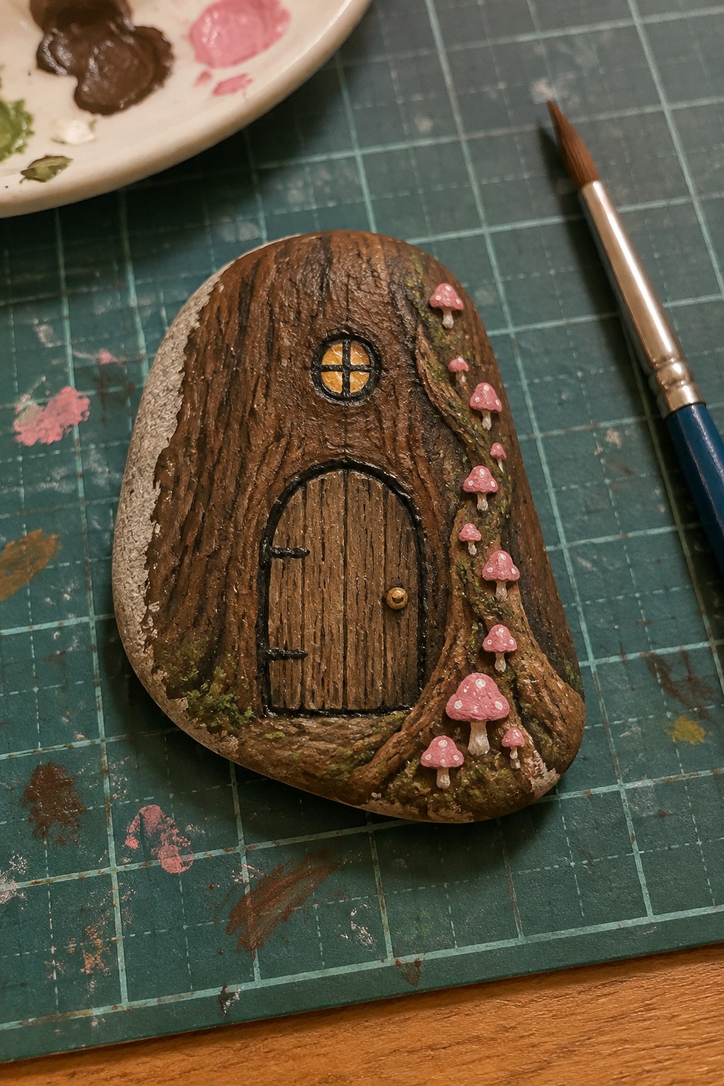 Painted rock as tree with door, window and pink mushrooms near brush on green mat