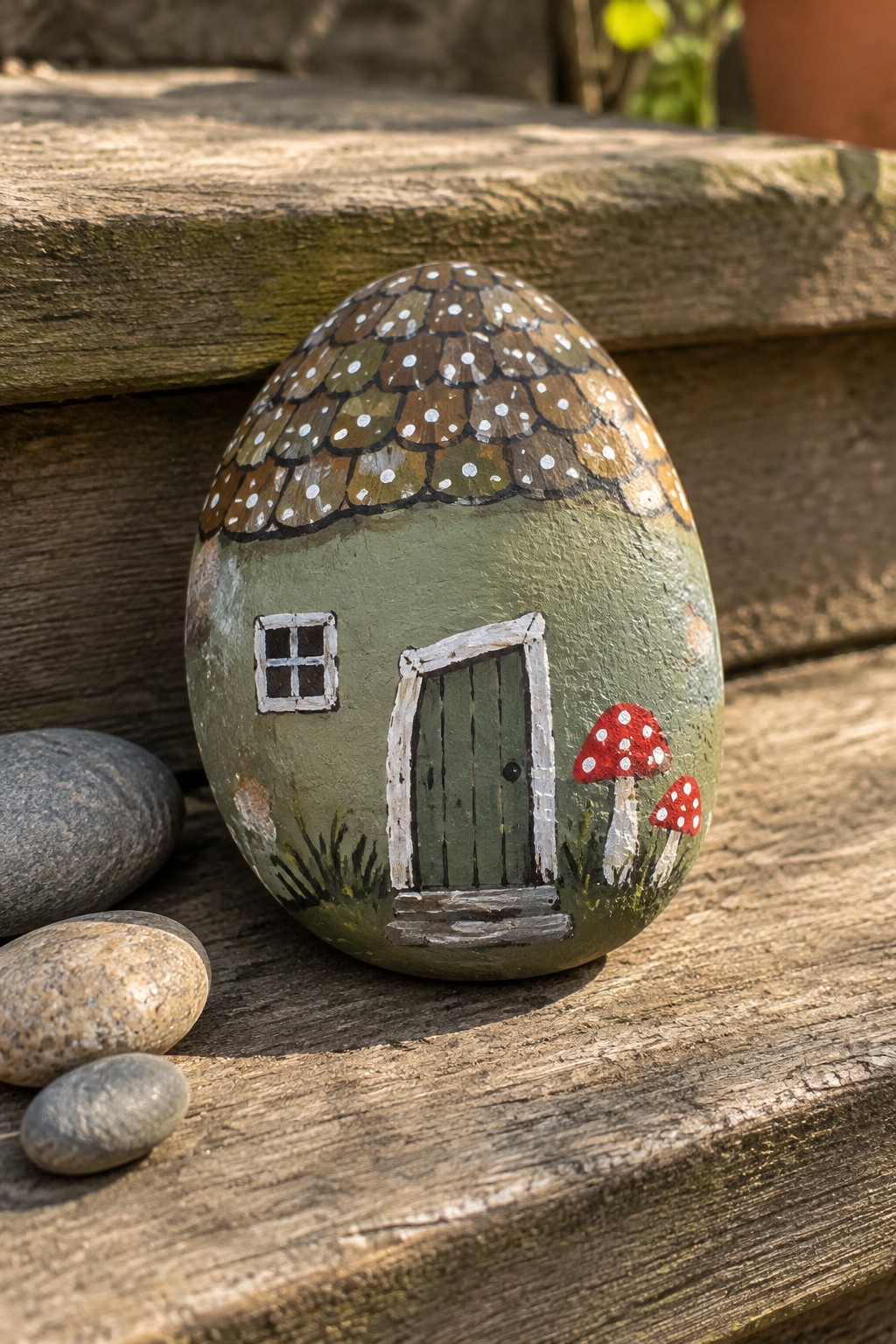 Painted rock cottage with green door, window, brown shingled roof and red mushrooms on wood