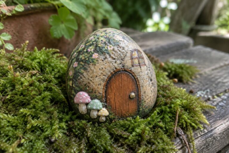 A rounded stone painted as a fairy house with a brown door, window, green vines, and three spotted mushrooms rests on green moss beside a terracotta pot.