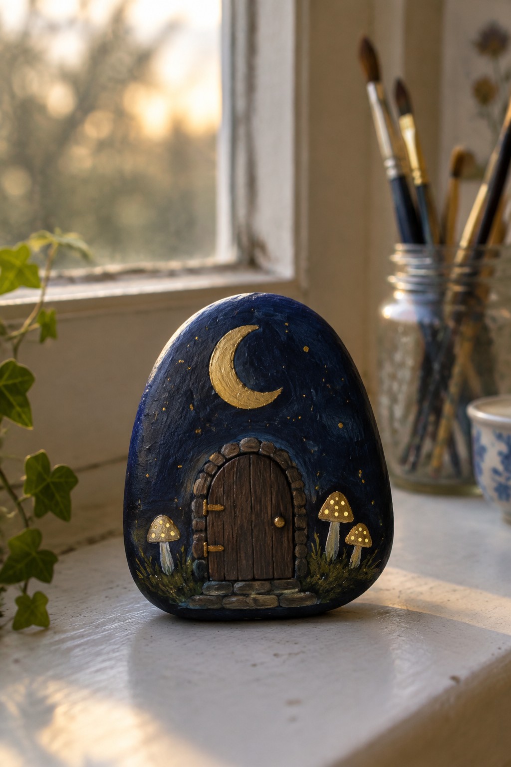 Painted blue rock with fairy door, golden crescent moon, stars, and mushrooms.