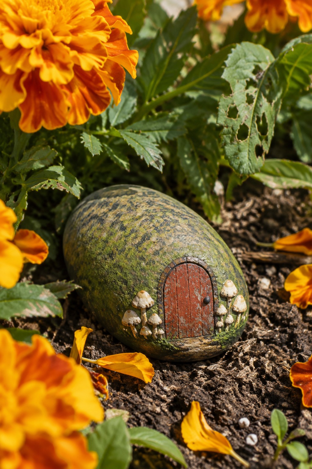 Green mossy rock with red door and mushrooms amid orange marigolds in garden soil