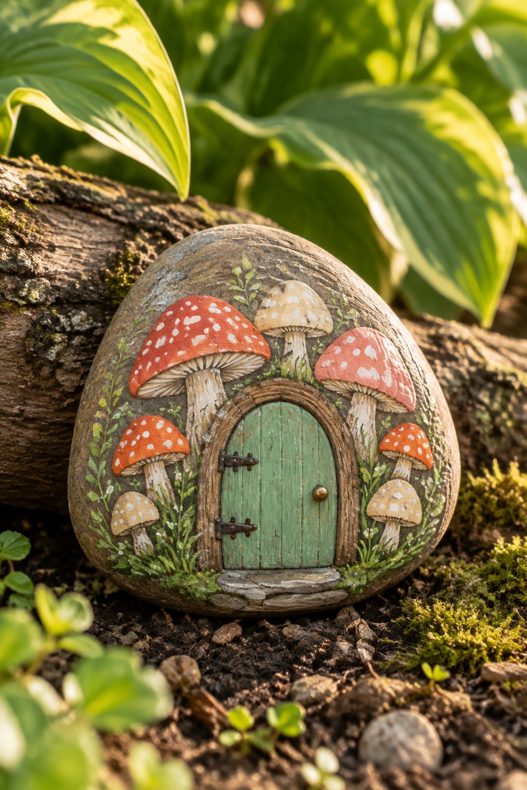 Painted rock with green fairy door, red spotted mushrooms, and leafy vines outdoors