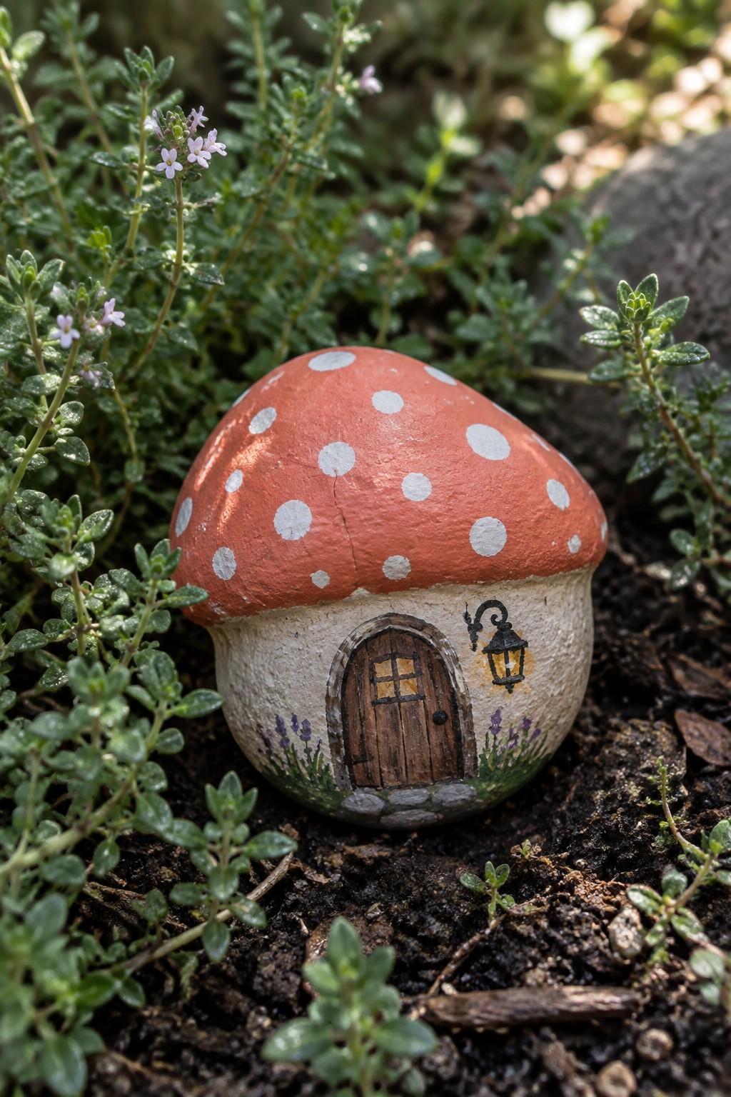 Red mushroom house painted on rock with white spots, door, lantern amid green plants.