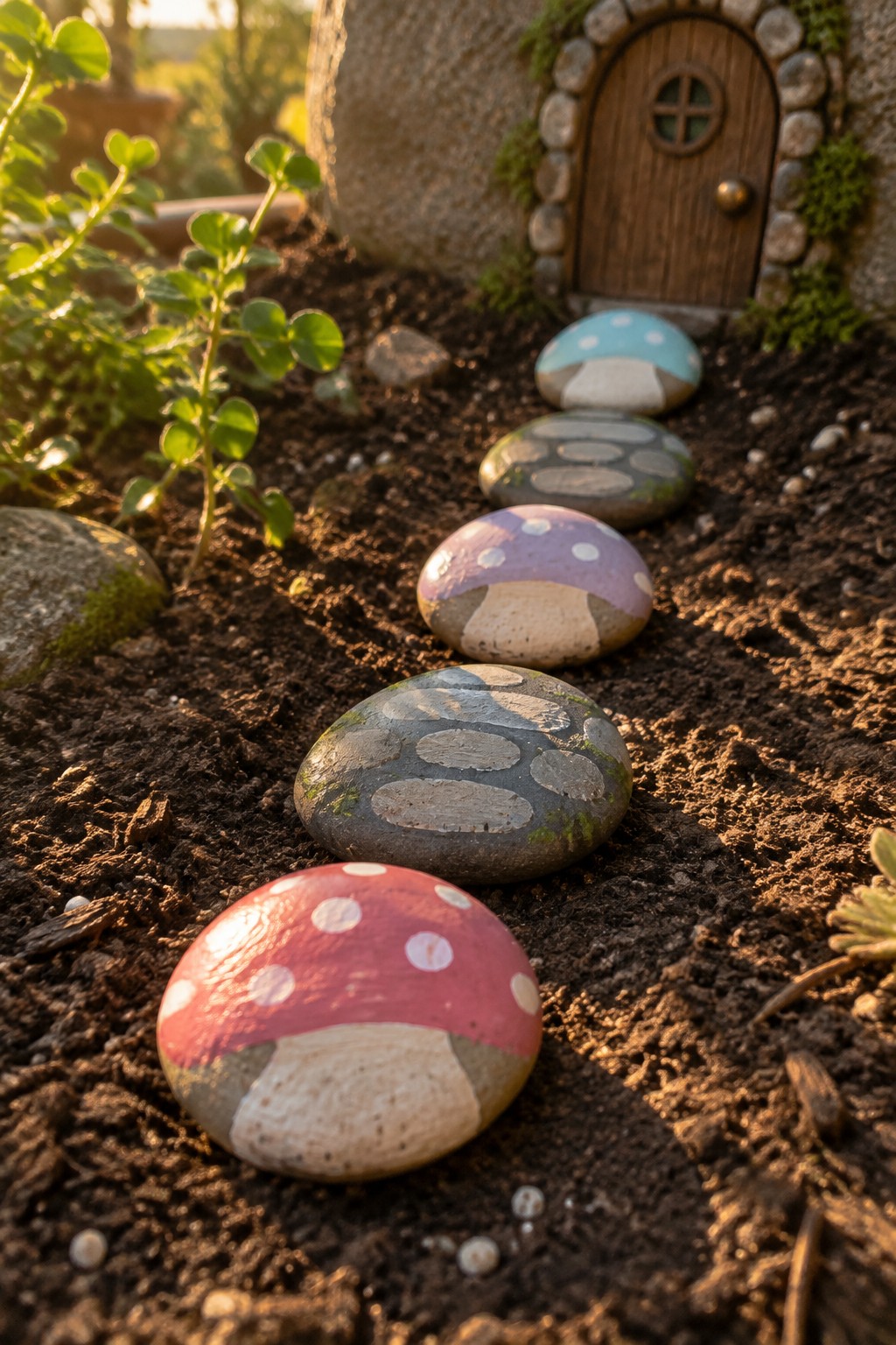 Painted mushroom rocks form a path to a tiny wooden door in soil.