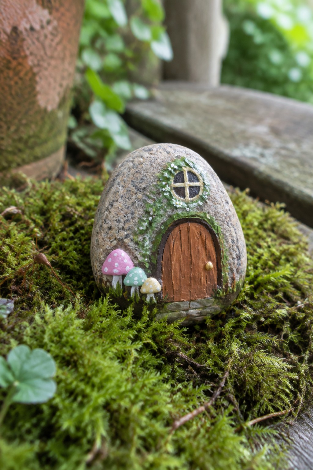 A rounded stone painted as a fairy house with a brown door, window, green vines, and three spotted mushrooms rests on green moss beside a terracotta pot.