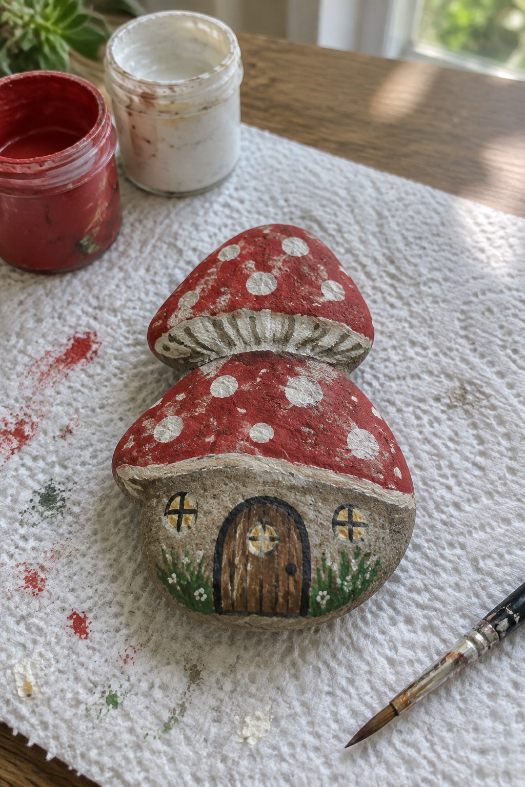 Stacked red-spotted mushroom rocks with painted door beside paint jars and brush
