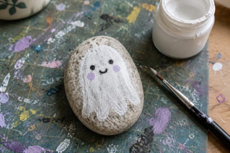 17 Halloween Rock Painting Ideas Featuring Ghosts and Pumpkins Painted ghost rock with black eyes, purple cheeks beside paint jar and brush