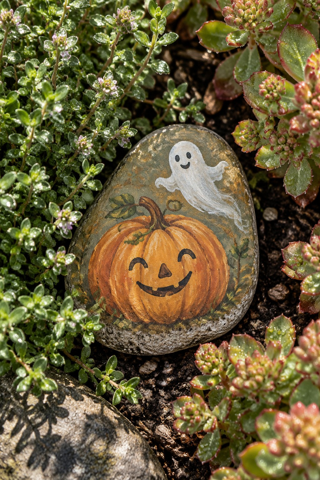 Painted rock with orange jack-o'-lantern pumpkin and white ghost among green plants