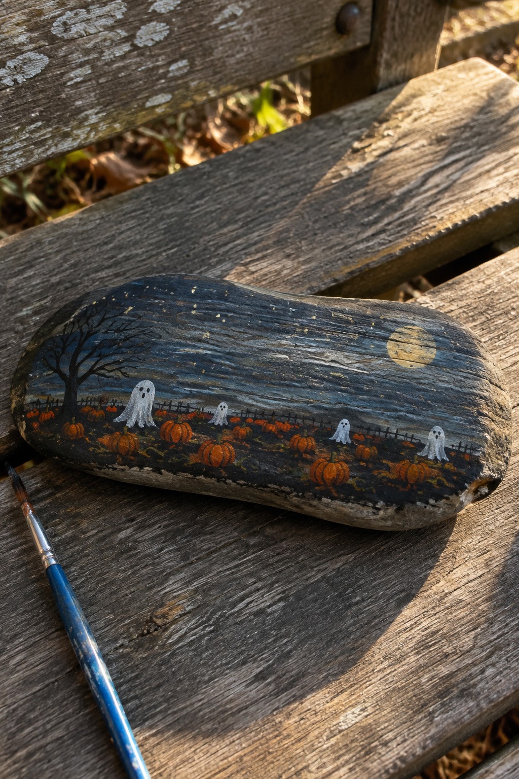 A painted rock with a Halloween night scene of ghosts, pumpkins, a bare tree, fence, and moon rests on a wooden bench beside a paintbrush.
