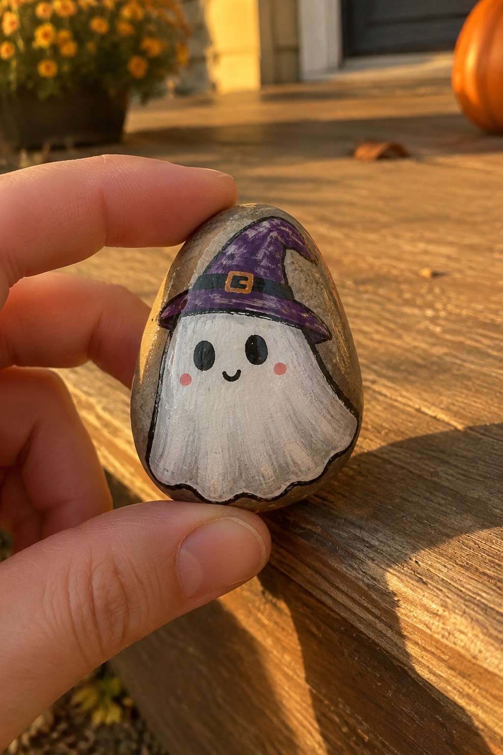 Hand holding painted stone ghost with purple witch hat on wooden surface