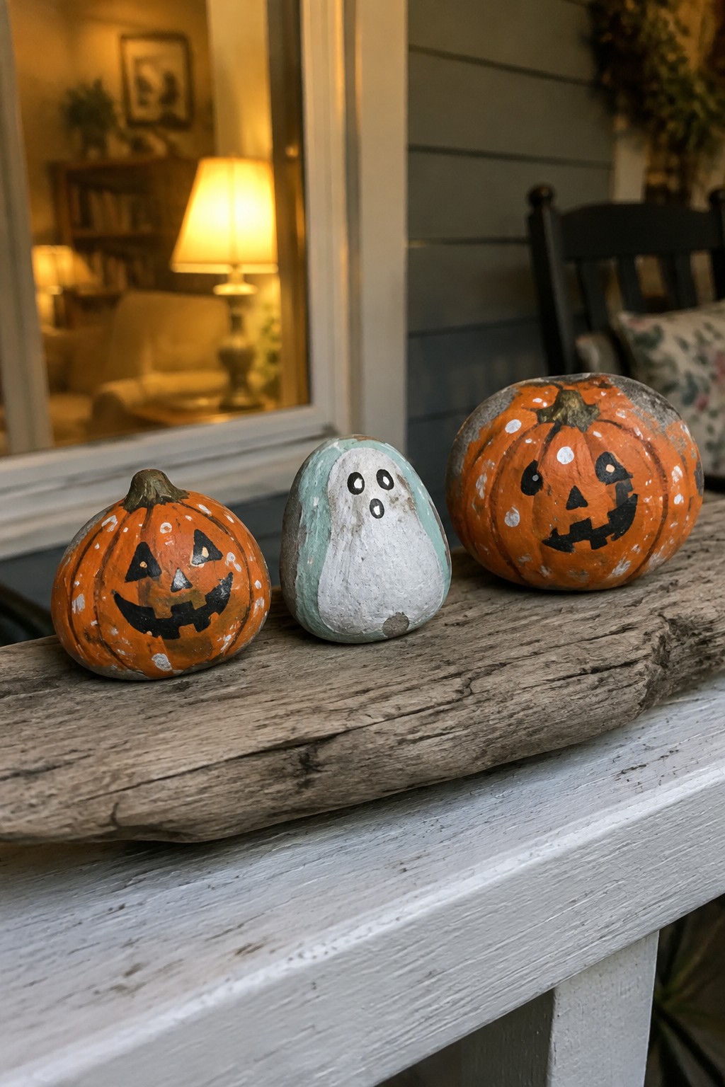 Three painted rocks—a ghost and two jack-o'-lantern pumpkins—on a wooden porch ledge.