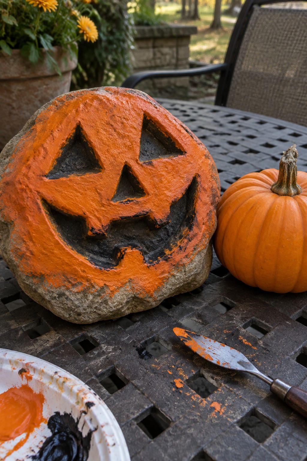 Orange-painted jack-o'-lantern on metal table beside real pumpkin and paint supplies.