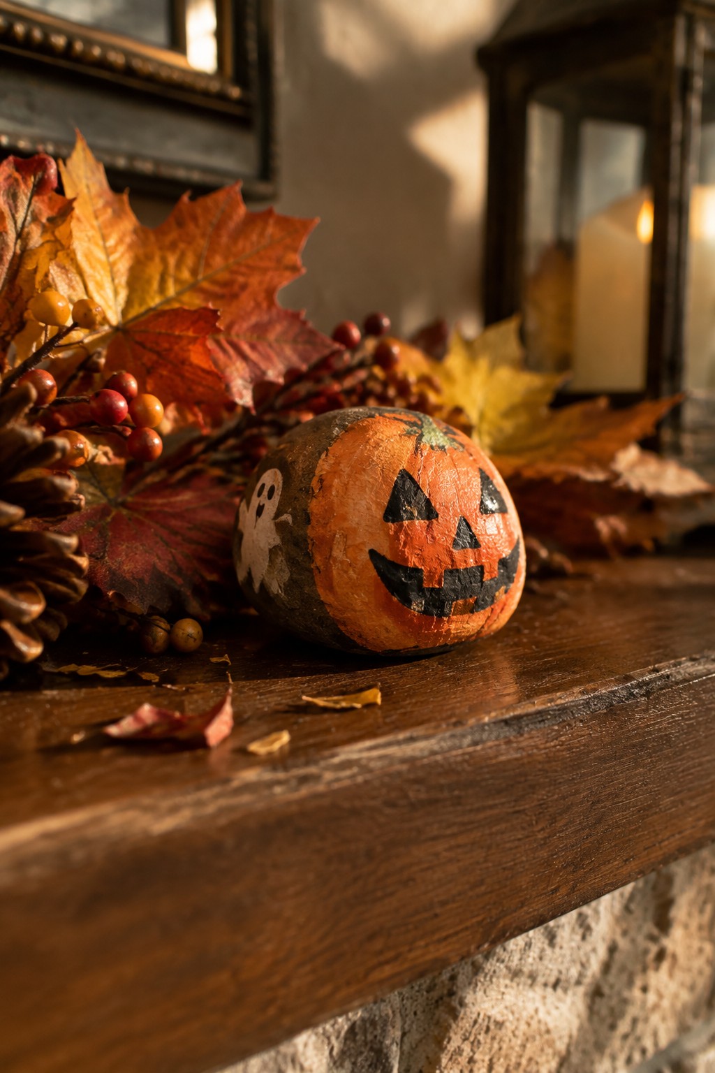 Painted pumpkin with jack-o'-lantern face and ghost amid autumn leaves on wooden shelf