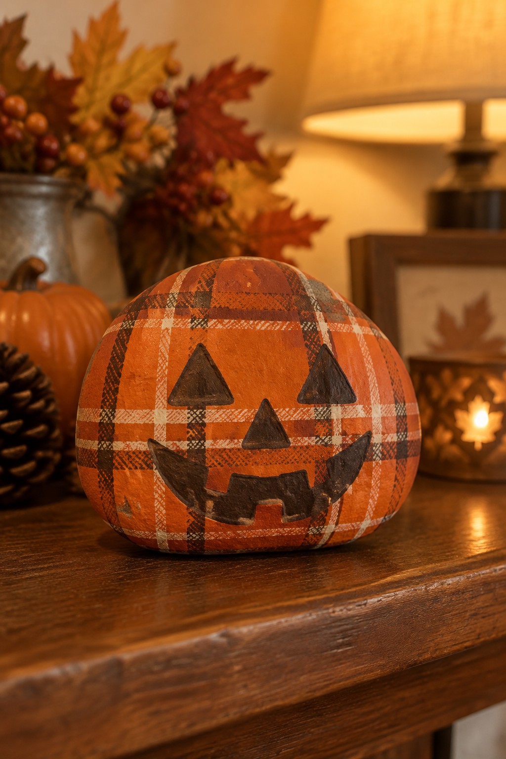 Plaid orange jack-o'-lantern pumpkin on wooden table with autumn decor