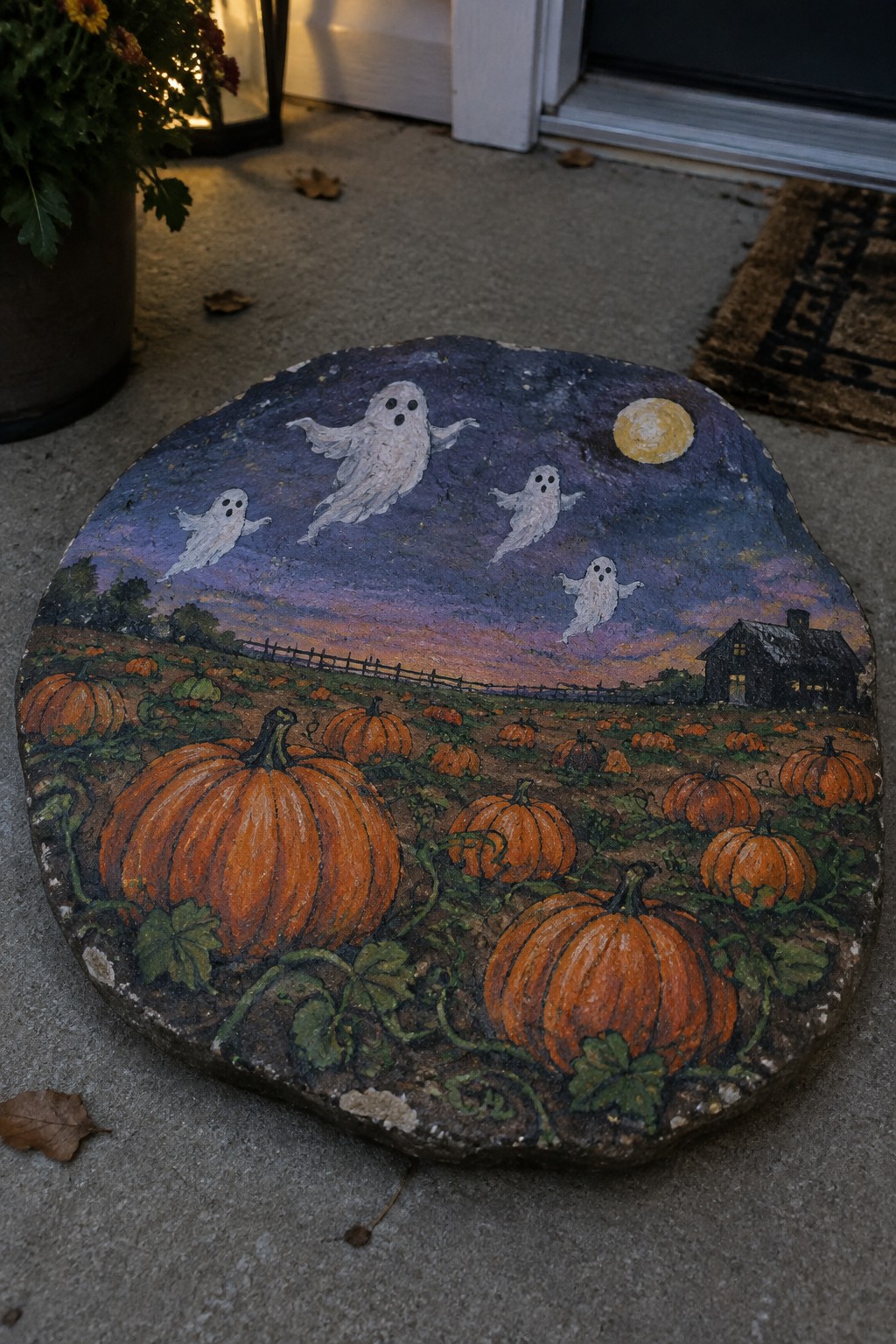Painted rock showing pumpkin patch, flying ghosts, moon, and farmhouse at dusk.