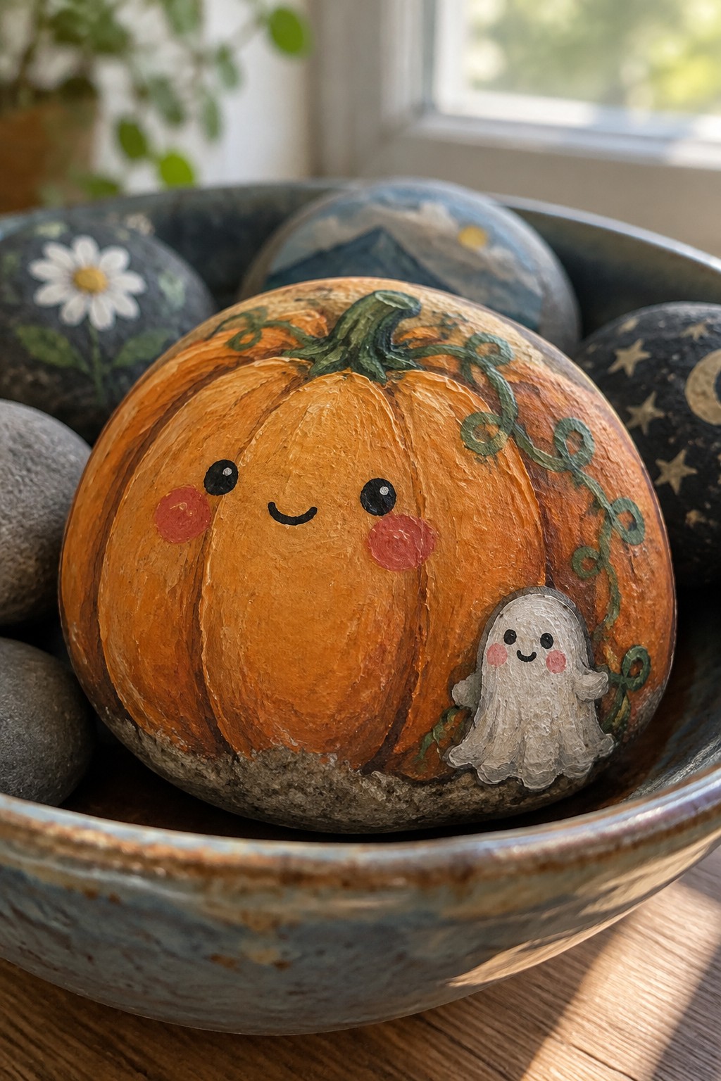 Cute orange pumpkin rock with smiling face and ghost in bowl of painted stones