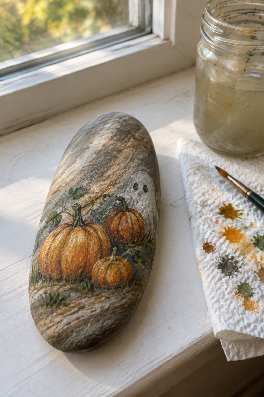 Painted rock with orange pumpkins and ghost beside paint jar and brush on windowsill