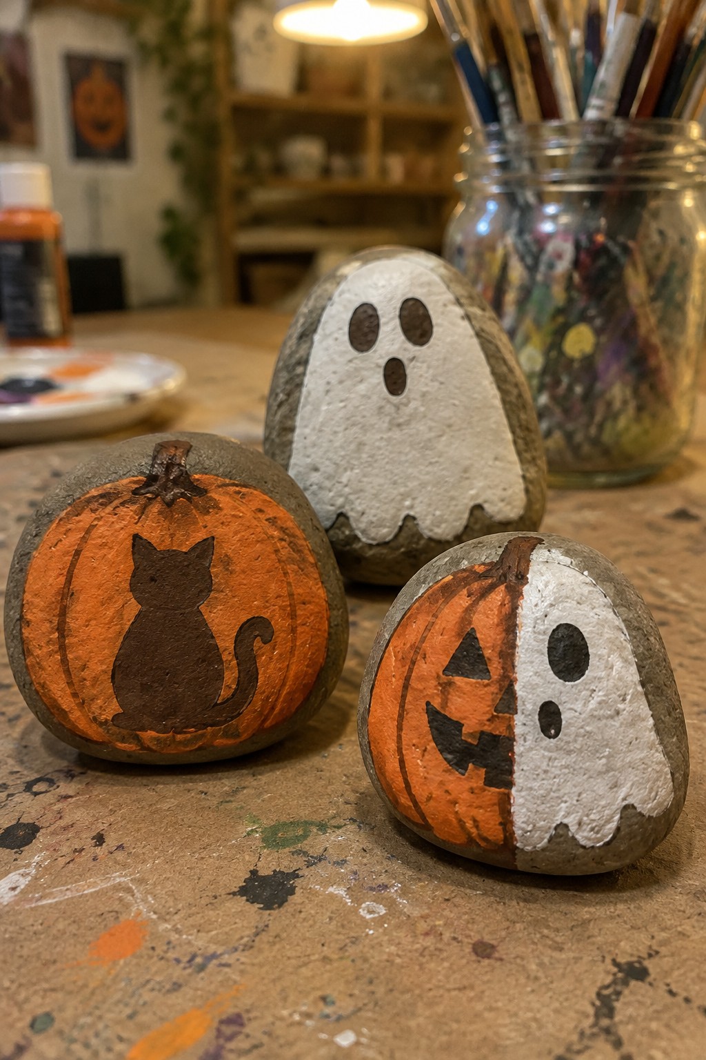 Three Halloween painted rocks on table: pumpkin cat, ghost, split jack-o'-lantern ghost.