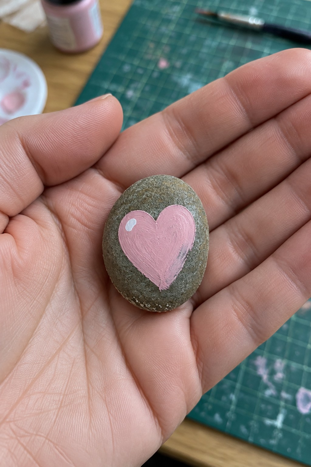 Hand holding gray stone with pink heart amid paint supplies.